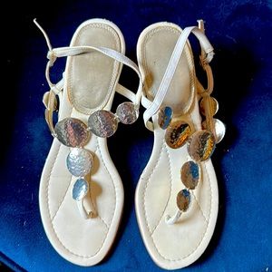 WHBM white with hammered silver strapped sandals size 8